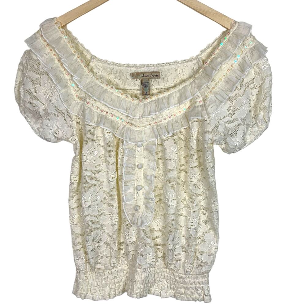 AMERICAN RAG Women L Ivory Floral Lace Sequin Trim Peasant Smocked Top